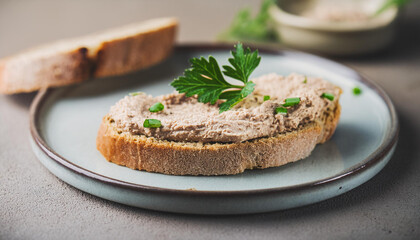 Crusty bread generously spread with smooth liver pate and fresh herbs. Tasty snack for lunch