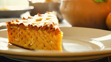 Wall Mural - A slice of golden brown baked apple pie with hot steaming on a white plate.