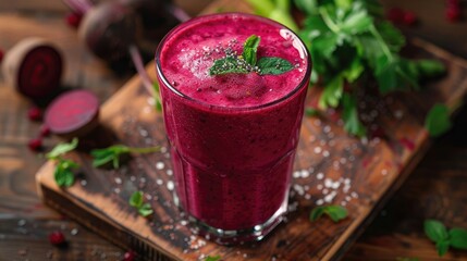 Fresh Beetroot Smoothie with Mint Garnish on a Wooden Cutting Board