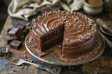 Canvas Print - Rich chocolate cake with a slice cut out, on a wooden background with chocolate shavings