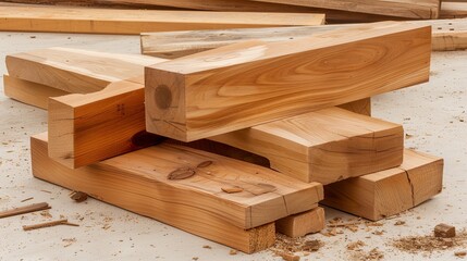 Wall Mural - Stacked lumber beams sit on the ground at a new home construction site