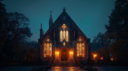 A beautifully lit church at night, the warm lights creating a soft glow around the building, the intricate details of the stone carvings and stained glass windows visible,