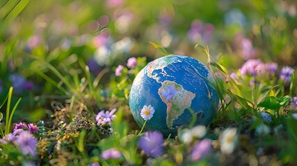 Wall Mural - A blue globe sits in a field of green grass and wildflowers on a bright, sunny day