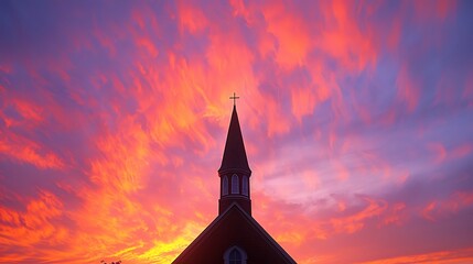 Wall Mural - A church steeple with a cross at the top, reaching towards a vibrant sunset sky, the colors of the sunset creating a dramatic and elegant silhouette,