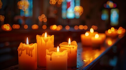 A detailed shot of prayer candles in a church, the warm glow of the flames creating a peaceful ambiance, the background blurred with hints of church pews and stained glass,