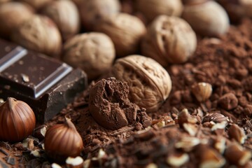 Poster - Closeup of rich dark chocolate, walnuts, and hazelnuts set against cocoa powder