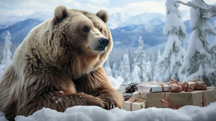 Poster - A bear against the backdrop of a winter landscape with gifts. AI Generation 