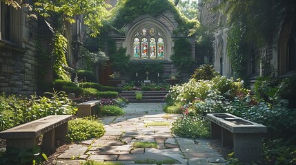 A serene church courtyard featuring stone benches and a small garden, ivy climbing the church walls, vibrant flower beds, soft sunlight creating a warm and inviting atmosphere,