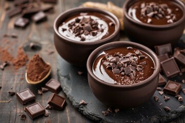 Poster - Indulge in a luxurious homemade bittersweet chocolate mousse dessert served in elegant ceramic bowls, garnished with delicate chocolate shavings and cocoa powder