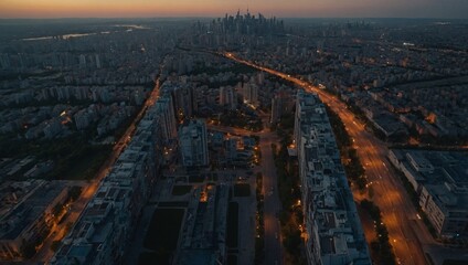 Wall Mural - Evening flight over cityscape from above