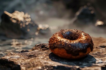 Poster - Closeup of a chocolateglazed donut on a rugged stone, beautifully illuminated by the evening light