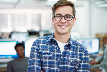 Poster - Portrait, smile and man with glasses, office and proud of startup, coworking and internship. Creative, graphic designer and person with confidence, goal and happy in business and leader with vision