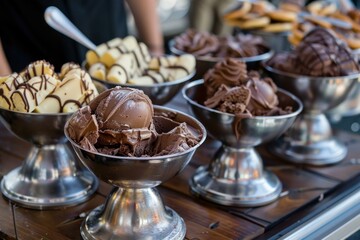 Sticker - Delicious display of various gelato flavors in metal serving bowls, with a focus on chocolate