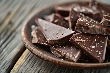 Wall Mural - Closeup image of sea saltsprinkled dark chocolate pieces on a rustic wooden background