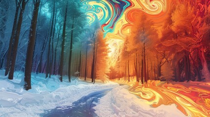 Wall Mural - Winter forest, with vibrant, otherworldly colors and swirling patterns in the snow and trees