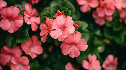 Wall Mural - Cluster of vibrant pink flowers in full bloom, with lush green leaves as a backdrop