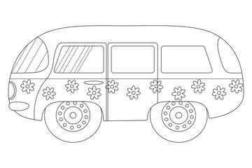 A fun and detailed coloring page of a hippie van with floral designs. Ideal for kids and adults to enjoy and relax.