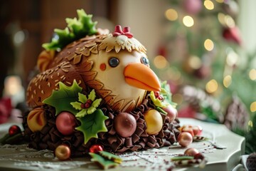 Sticker - Festive turkeyshaped cake adorned with holiday accents in a cozy setting