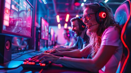 Aufkleber - Western elderly man and his granddaughter having fun with video games in a dedicated gaming room at night significant empty space around the edges Stock Photo with copy space