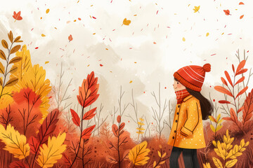 child in cute autumn clothes in vector flat illustration. Outfit includes a playful sweater, scarf and boots Surrounded by fall leaves and a crisp, clear day