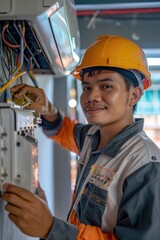 Canvas Print - Electrician Working on Electrical Panel