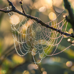 Dew-covered spider web catching the sunlight.