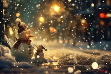 Poster - Magical scene of a snowman and puppy figure under a snowy, illuminated night, evoking festive warmth