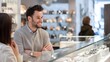 © Matthew - Smiling man at jewelry store counter, customers browsing.
