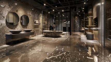 Wall Mural - Luxurious modern bathroom with large marble bathtub.