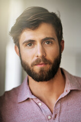 Poster - Confident, creative and portrait of designer man in office closeup for artistic or professional career. Beard, creativity and face of serious employee in small business workplace with ambition