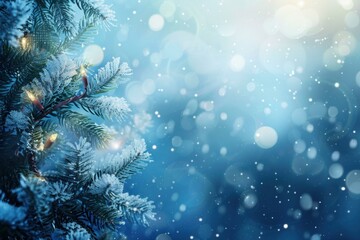 Wall Mural - Enchanting winter wonderland background with snowfall, christmas lights, pine branches, frost, and sparkling snowflakes for a magical and festive holiday backdrop