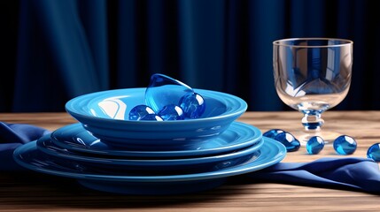 Elegant blue dinnerware set on a dark table