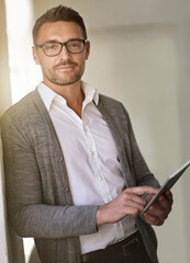 Leinwandbilder - Business, portrait and man with tablet in office for project review, schedule or networking. Digital, professional and employee with tech for planning, email or online campaign at media agency