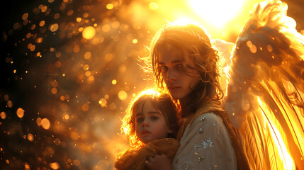 Wall Mural - A beautiful angel spreading his wings protectively over a young child. Faith and hope concept, dreamy romantic atmosphere. Background for christmas, mother's day, birthday cards, poster, wallpapers.
