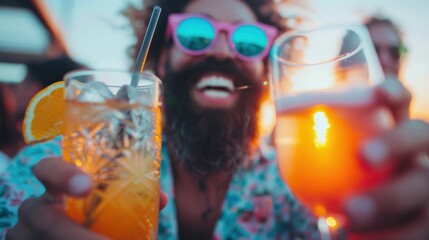 a person holding two refreshing cocktails with garnishes at an outdoor summer party, capturing the e