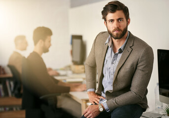 Poster - Serious, supervisor and web development with portrait of man in office for design or programming. Administration, desk or management and confident developer person in workplace with team of staff