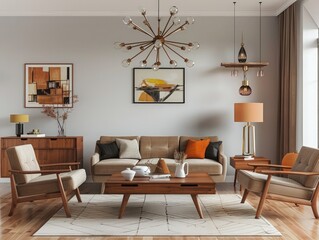 A stylish modern living room with a mid-century modern design, featuring a statement chandelier, wooden furniture, and a bold color palette.