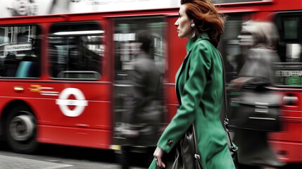 Wall Mural - Beautiful woman walks in city with bus motion blur at the background