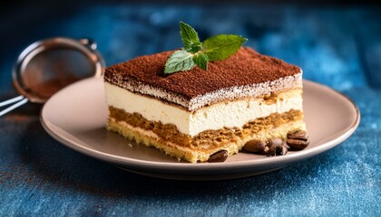 Wall Mural - a piece of tiramisu cake. selective focus