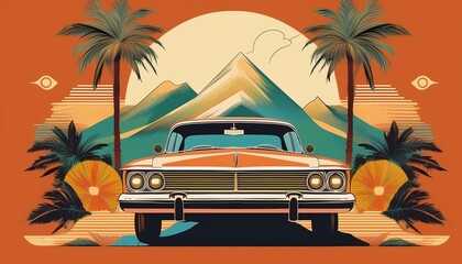 Wall Mural - Craft a nostalgic travel collage A vintage car from the 50s, 60s against a backdrop of palms, mountains, and art deco elements. Ideal for magazine, poster, postcard, social media