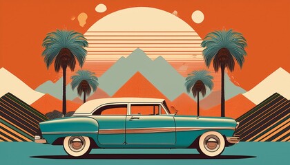 Wall Mural - Craft a nostalgic travel collage A vintage car from the 50s, 60s against a backdrop of palms, mountains, and art deco elements. Ideal for magazine, poster, postcard, social media