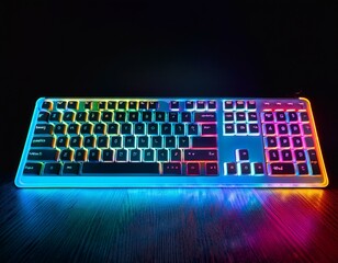 Wall Mural - Neon computer keyboard with color backlight. Computer video games, hacking, technology, internet concept.