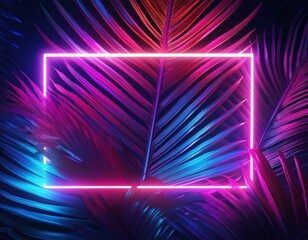 Wall Mural - Neon frame on tropical palm leaves background. 80-90, neon, jungle concept.