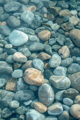 Poster - Sunlight is illuminating smooth river rocks below the surface of crystal clear water. The colorful rocks create a beautiful natural background