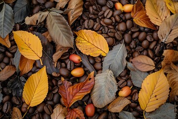 Wall Mural - warm, inviting background of coffee beans mixed with vibrant autumn leaves