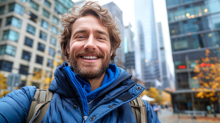 Poster - Man makes selfie with downtown skyscrapers at the background, travel concept 