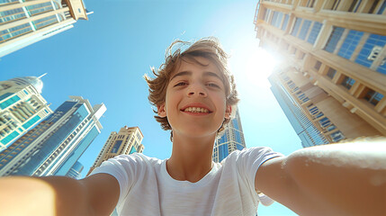 Sticker - Young boy make selfie with downtown skyscrapers at the background, travel concept 