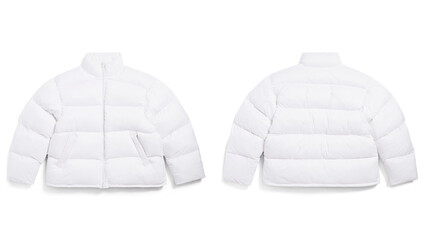 Front and back closeup views of white ripstop puffer jackets, isolated on white background.