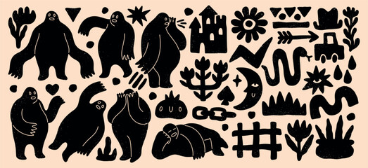 Poster - Abstract people. Doodle shapes. Hand drawn flowers and human bodies. Geometry shadows. Simple faces. Black silhouettes. Modern art. Minimal childish sketch. Vector scribble elements set