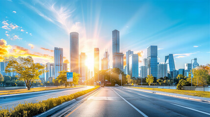 Canvas Print - Modern down town area with skyscrapers distant view from high way at sunset